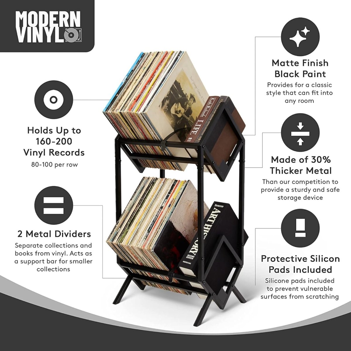 MODERN VINYL Record Holder - Matte Black Metal - 160 - 200 LP Storage, 2 Tier Stand - Modern Vinyl